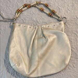 Chic Cream Leather Bag with Beaded Strap